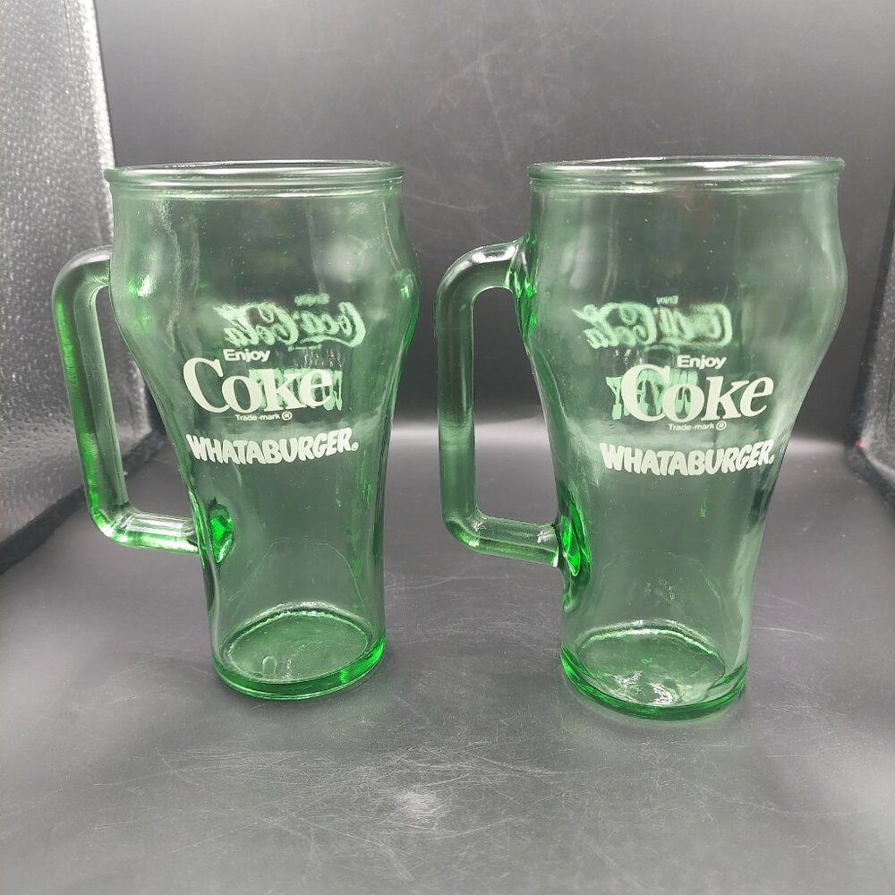 2 Vintage 1980s Coke Coca-Cola Whataburger Cowboy Green Handled Heavy Glass Mugs